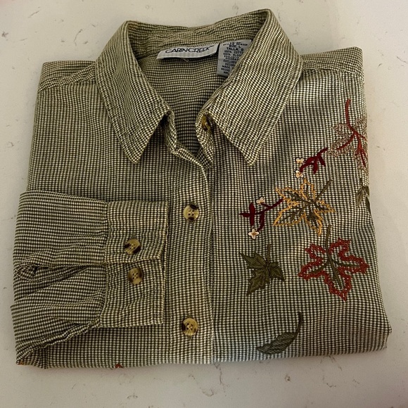 Cabin Creek Tops - Vintage Cabin Creek Embroidered Fall Leaves Green Checkered Button Down Shirt